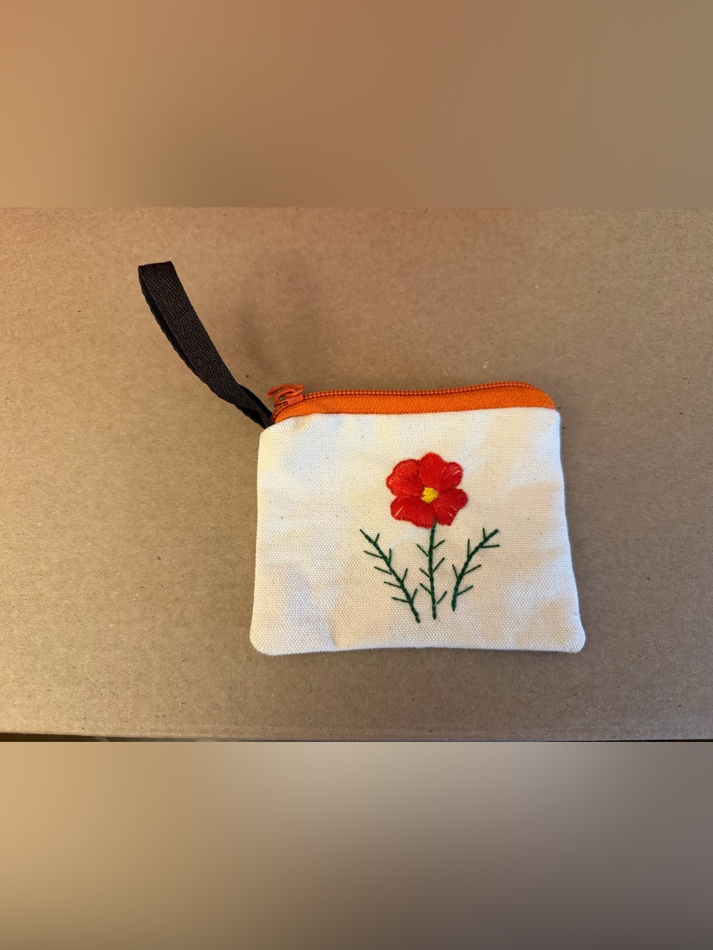 Embroidered Flower Canvas Coin Purse - Orange Trim